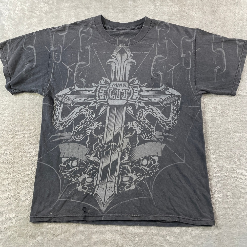 Vintage MMA Elite Shirt Men Large Faded Black Cross Snakes Grunge Distressed Y2K